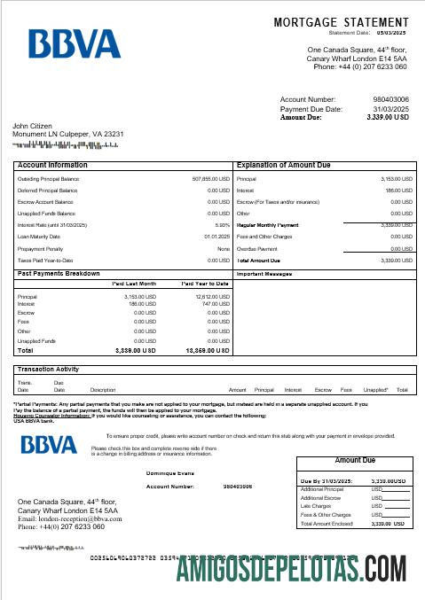 Extrato de hipoteca do banco BBVA dos EUA em formatos Word e PDF modelo